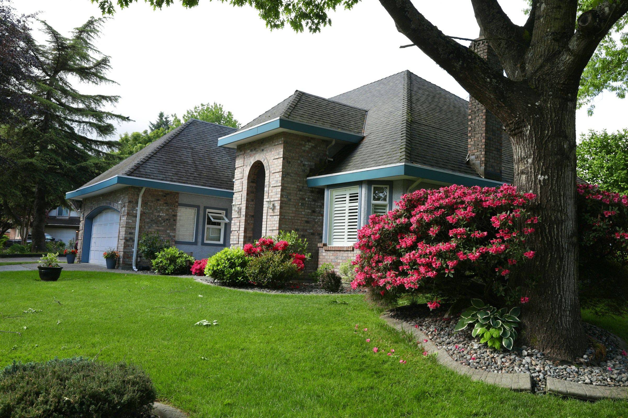 Front yard with blooming shrubs and a manicured green lawn