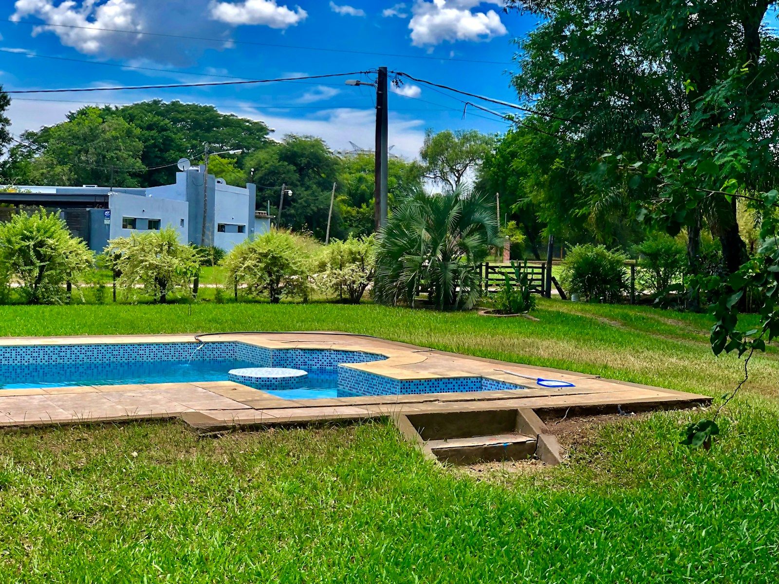 Backyard pool with a wood-trimmed deck next to a green lawn